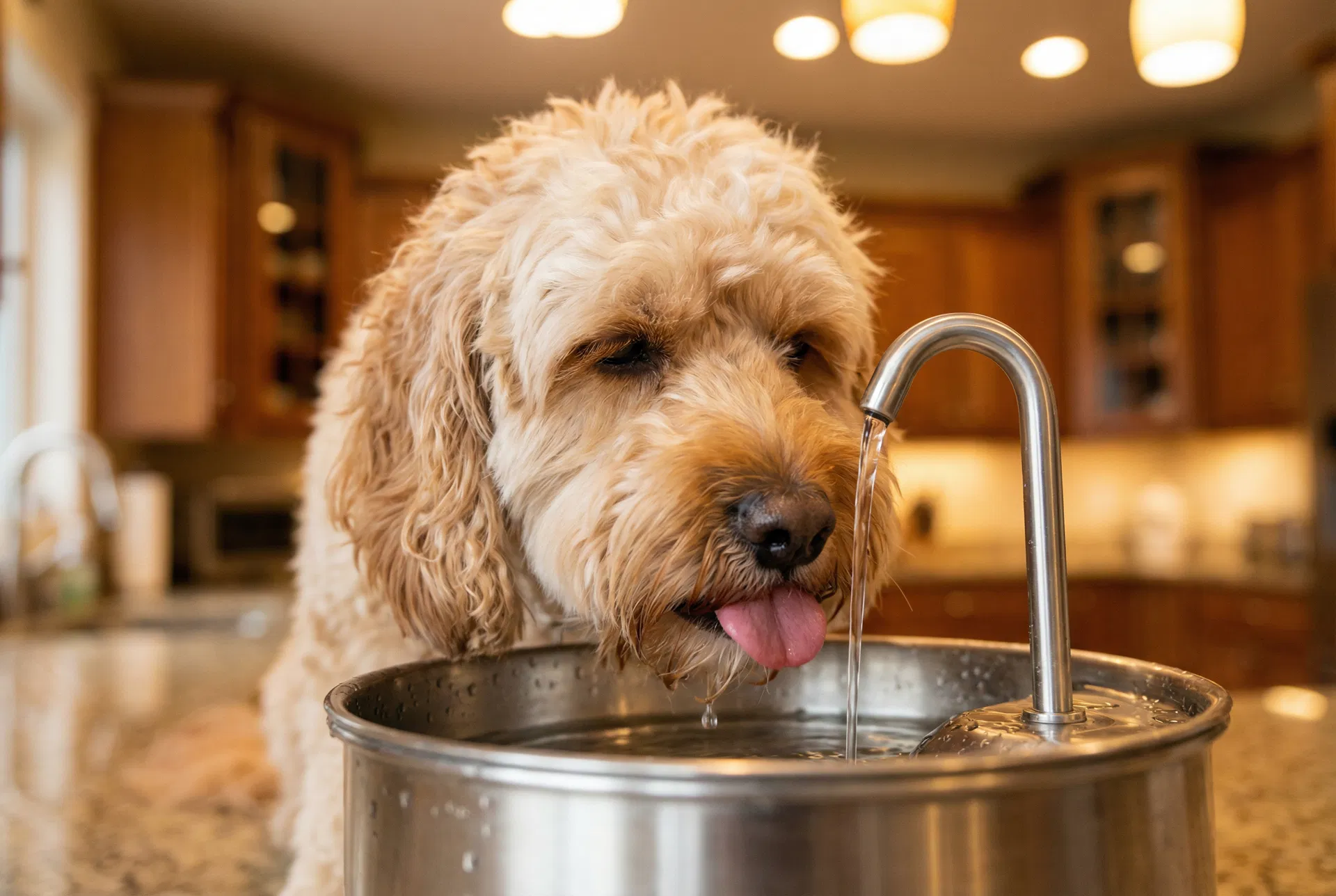 Cockapoo drinking from FreshFlow stainless steel water fountain